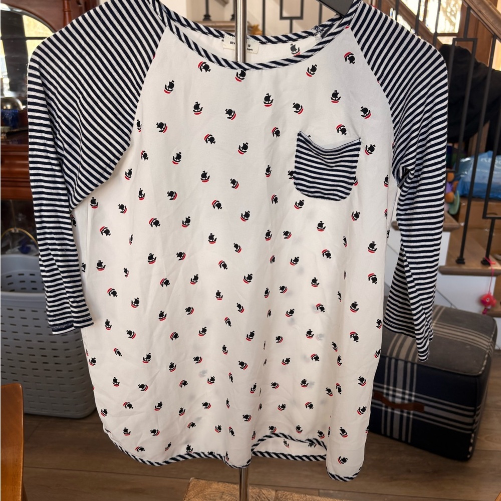 Monteau Navy and White Patterned Top